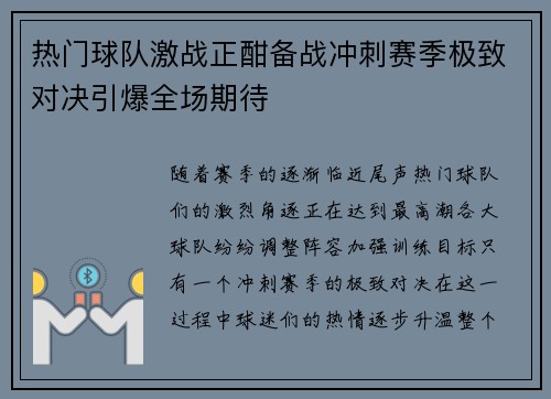 热门球队激战正酣备战冲刺赛季极致对决引爆全场期待