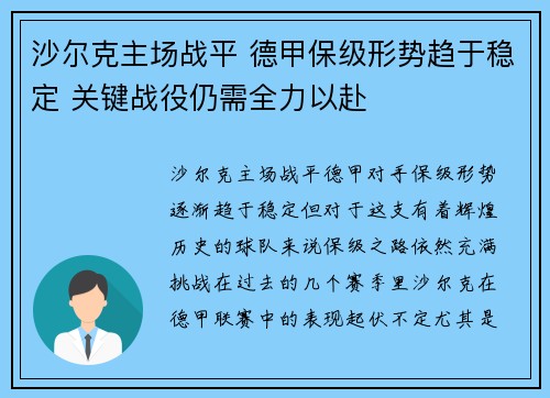 沙尔克主场战平 德甲保级形势趋于稳定 关键战役仍需全力以赴