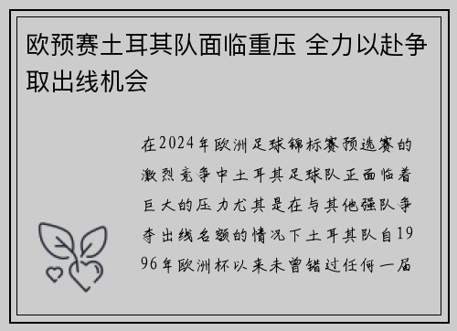 欧预赛土耳其队面临重压 全力以赴争取出线机会